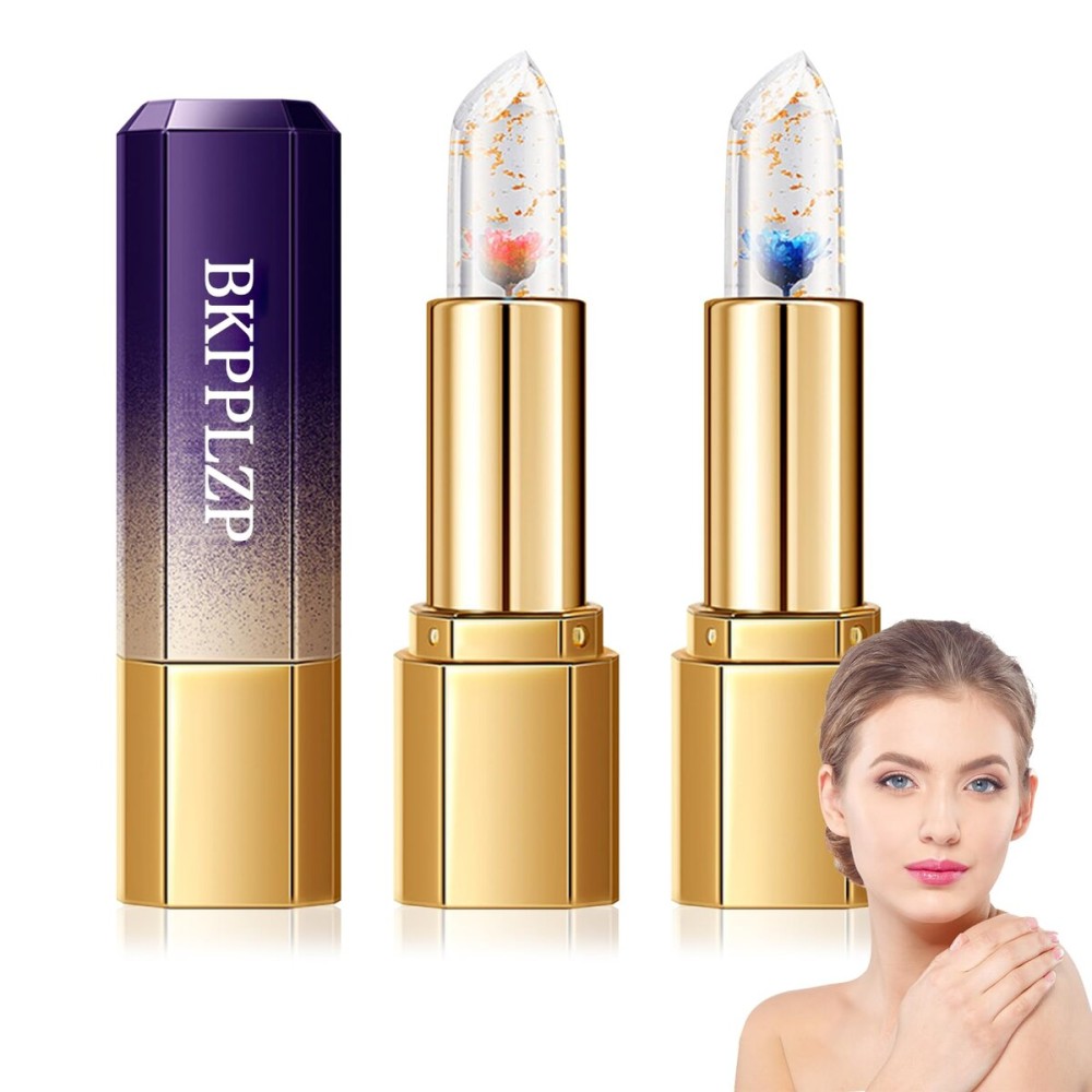 BKPPLZP 2 Pack Crystal Flower Jelly Lipstick,Magic Color Changing Lipstick,PH Clear Temperature Color Changing Lip Gloss,Lip Balm,Long Lasting Nourishing Moisturizing Lip Stick Set H01+02