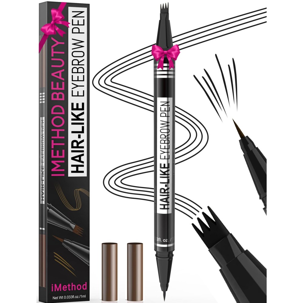 iMethod Microblading Eyebrow Pen - Eyebrow Pencil Magical 2-in-1 Dual-Ended Eye Brow Pencils for Women with 4-Fork-Tip & Ultra Precise Brush-Tip Create Natural Hair-Like Brows, Last All-Day, Black