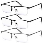 WEIMELTOY 3 Pack Blue Light Blocking Reading Glasses for Men, Stylish Half Frame Metal Computer Readers, Lightweight Spring Hinge Eyeglasses Anti Eyestrain/Glare/UV (2PCS Black+1PCS Gray,+2.0)