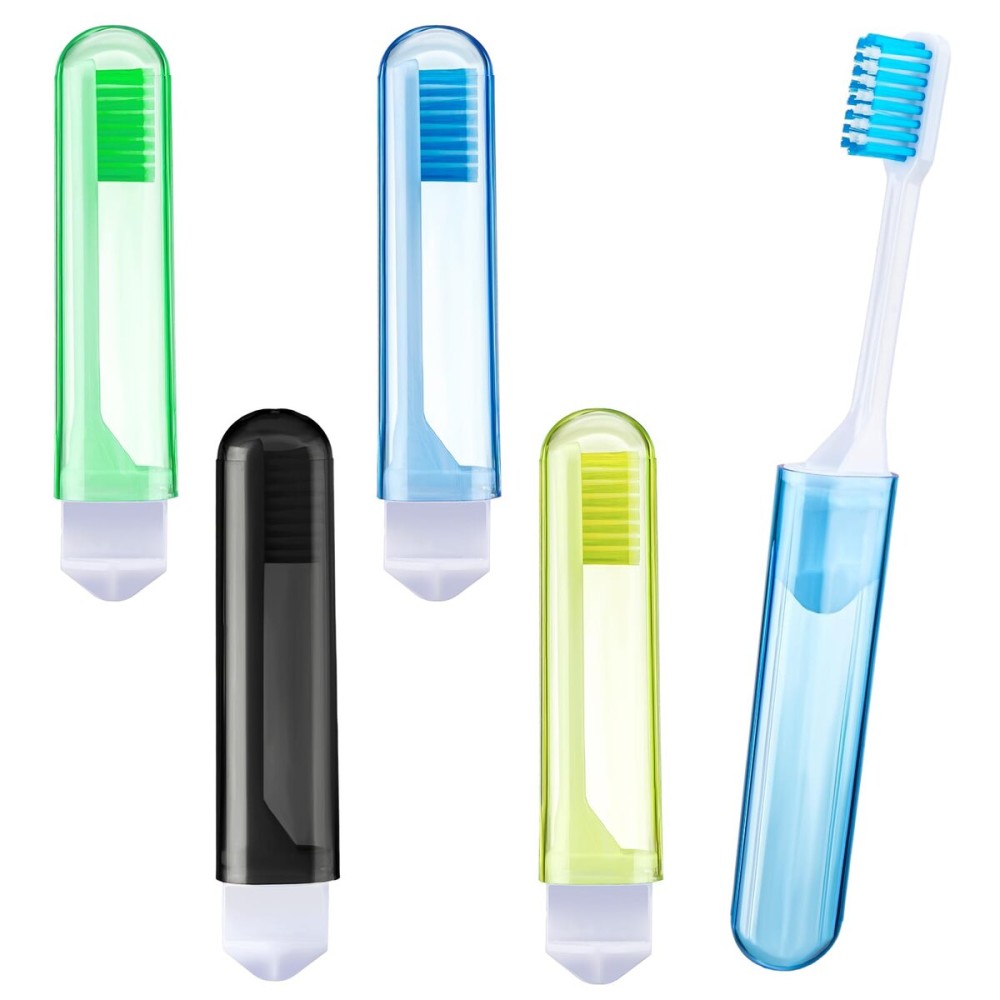 Patelai 4 Pcs Travel Toothbrush Set, Soft Bristle Mini Foldable Tooth Brush with Case, Individually Wrapped Small Portable Travel Size Toiletries Stuff for Camping (Fresh Color)