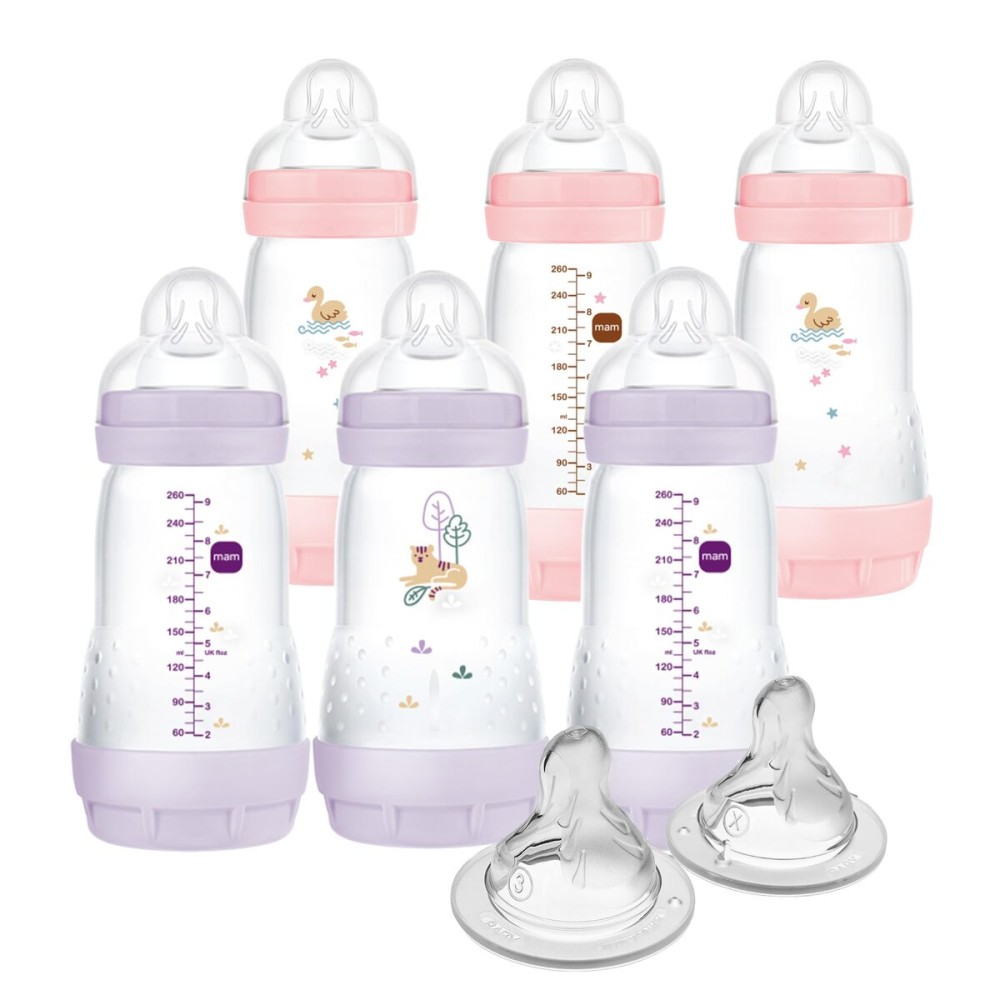 MAM 9oz Easy Start Anti-Colic Baby Bottles, Medium Flow with 2X Bonus Nipples (Fast and Extra Fast Flow), Reduces Colic, Gas, & Reflux, Easy-to-Clean, BPA-Free, 2 Plus Months