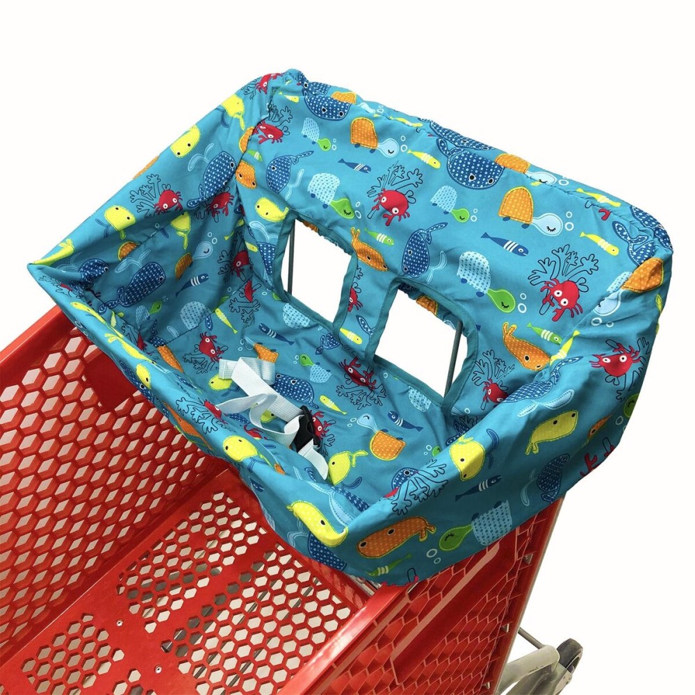 Portable Shopping Cart Cover, High Chair and Grocery Cart Covers for Babies, Kids, Infants & Toddlers, Attached Carry Bag (Blue Seaworld)