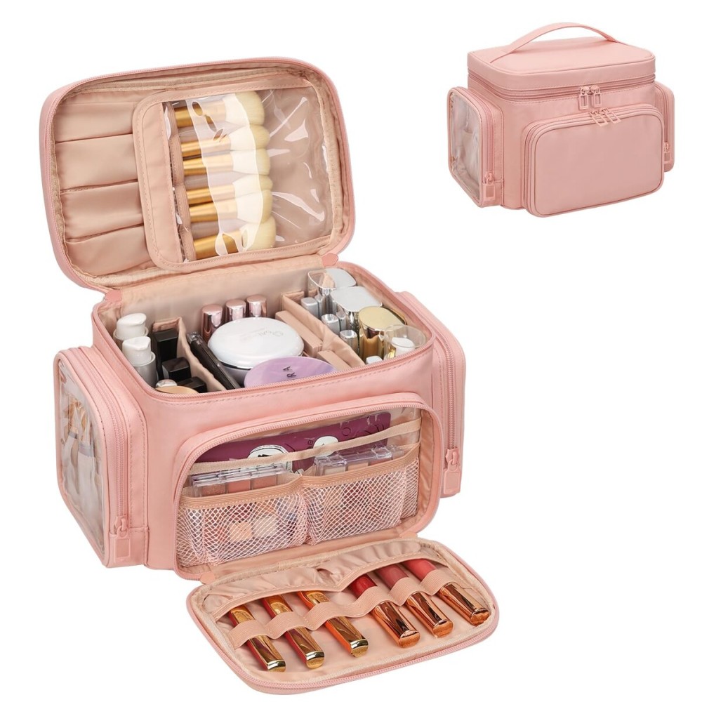 Large Makeup Bag, Portable Travel Makeup Bag Organizer for Women Girls with Makeup Brush Compartment & Two Side Pockets, Cosmetic Travel Bag Vertical Storage Toiletry - Pink