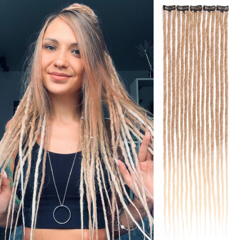Leeven Synthetic Dreadlock Extensions Clip In 24 Inch 5 PCS Ombre Blonde 15 Strands Hippe Dreads Handmade Soft Reggae Style Loc Extensions for Women Men