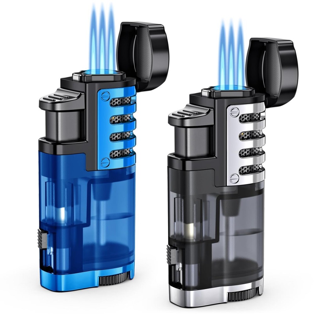 Cigar Lighter Torch Lighter Butane Refillable Triple Jet Flame Torch Lighters, Windproof Adjustable Flame Butane Torch Lighter with Cigar Punch 2 Pack (Without Fuel) (Blue Black)