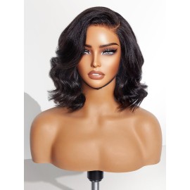 LUVME HAIR 10 Inch Light Yaki Loose Wave Wig, Human Hair, Undetectable HD Lace Glueless Bob Wig, Pre Plucked, Pre Cut, Short Black Wig