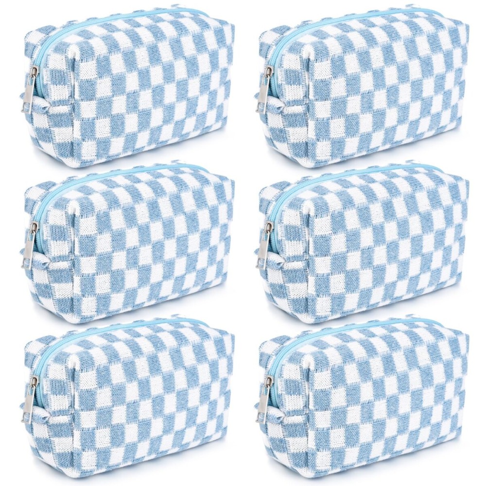 SOIDRAM Checkered Makeup Bag Preppy Cosmetic Bag Bulk Blue Makeup Pouch Personalize Travel Toiletry Bag Organizer Cute DIY Makeup Brushes Storage Bag for Women