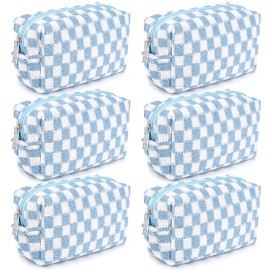 SOIDRAM Checkered Makeup Bag Preppy Cosmetic Bag Bulk Blue Makeup Pouch Personalize Travel Toiletry Bag Organizer Cute DIY Makeup Brushes Storage Bag for Women