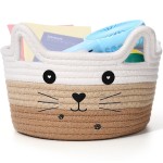 Zopeal Cat Basket Storage Woven Organizer with Ears Christmas Decorative Pet Toy Cute Cotton Rope Basket for Gift Cat Dog Toy Bin Nursery Room(8.3 x 4.7 Inch,White Khaki Brown)