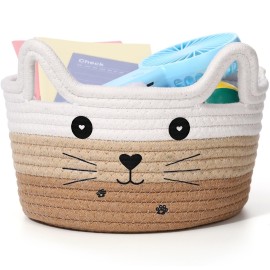 Zopeal Cat Basket Storage Woven Organizer with Ears Christmas Decorative Pet Toy Cute Cotton Rope Basket for Gift Cat Dog Toy Bin Nursery Room(8.3 x 4.7 Inch,White Khaki Brown)