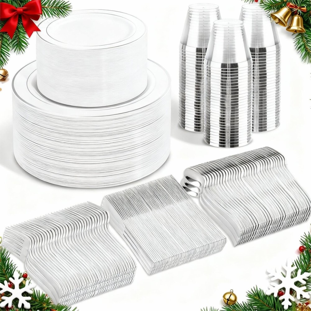 WELLIFE 600 Pcs Sliver Disposable Dinnerware for 100 Guests, Dinnerware Set of 100 Dinner Plates, 100 Salad Plates, 100 Spoons, 100 Forks, 100 Knives, 100 Cups