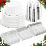 WELLIFE 600 Pcs Sliver Disposable Dinnerware for 100 Guests, Dinnerware Set of 100 Dinner Plates, 100 Salad Plates, 100 Spoons, 100 Forks, 100 Knives, 100 Cups