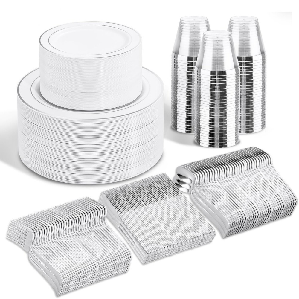 WELLIFE 300Pcs Silver Elegant Plastic Dinnerware Set for 50 Guests - Premium Disposable Party Supplies Includes Dinner Plates, Salad Plates, Cups & Flatware Set for Wedding, Anniversary, Banquet