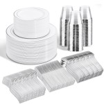WELLIFE 300Pcs Silver Elegant Plastic Dinnerware Set for 50 Guests - Premium Disposable Party Supplies Includes Dinner Plates, Salad Plates, Cups & Flatware Set for Wedding, Anniversary, Banquet