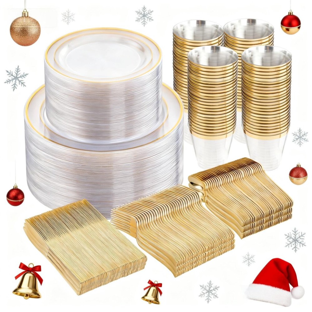 WELLIFE 600pc Gold Trim Plastic Dinnerware Set for Party: 100 Dinner Plates, 100 Dessert Plates, 300 Cutlery