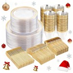 WELLIFE 600pc Gold Trim Plastic Dinnerware Set for Party: 100 Dinner Plates, 100 Dessert Plates, 300 Cutlery