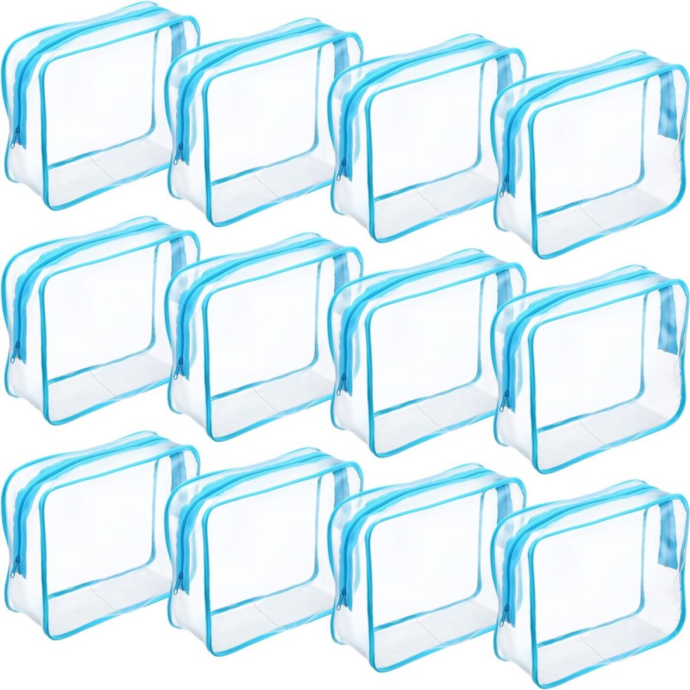 Weewooday 12 Pieces Clear Makeup Bags Cosmetic Storage Bags PVC Zipper Pouches Travel Waterproof Makeup Plastic Case for Women Organizing Toiletries Traveling Bathroom(Large,Blue)