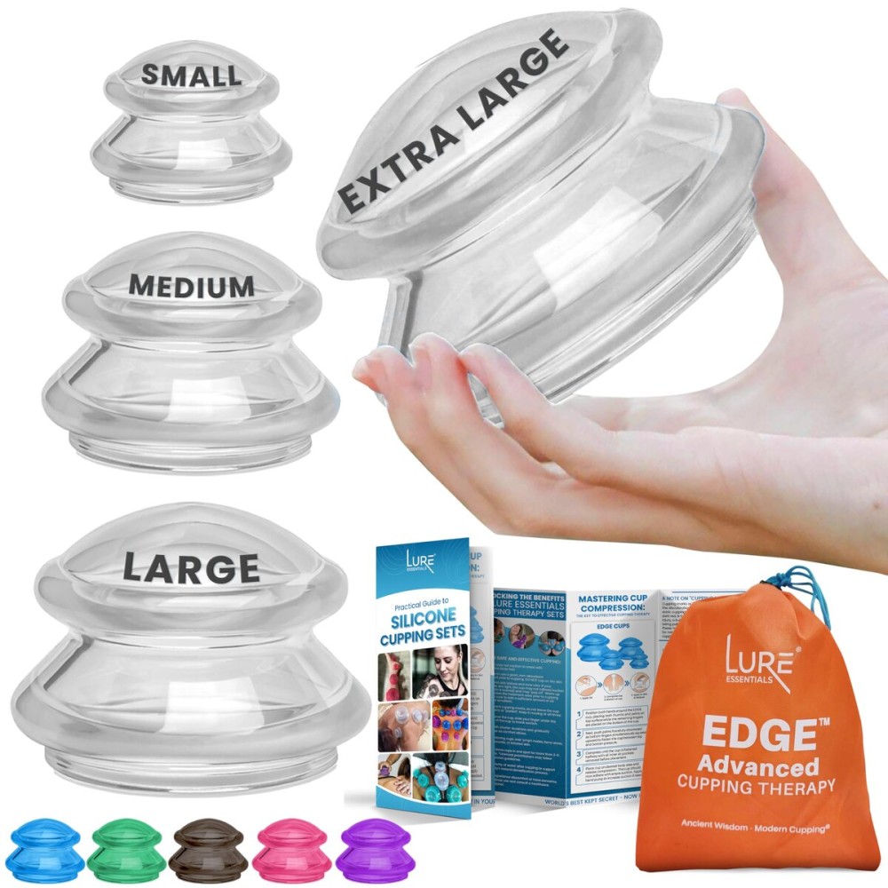 Lure Essentials Edge Silicone Cupping Set, Cupping Kit for Massage Therapy, Long Lasting Cups for Professional & Home Use, Body Sculpt Cup for Cellulite, Ultra Transparent Clear