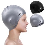 Alepo 2 Pack Kids Swim Caps for Boys Girls, Durable Silicone Swimming Cap, Age 8-15, Black&Gray
