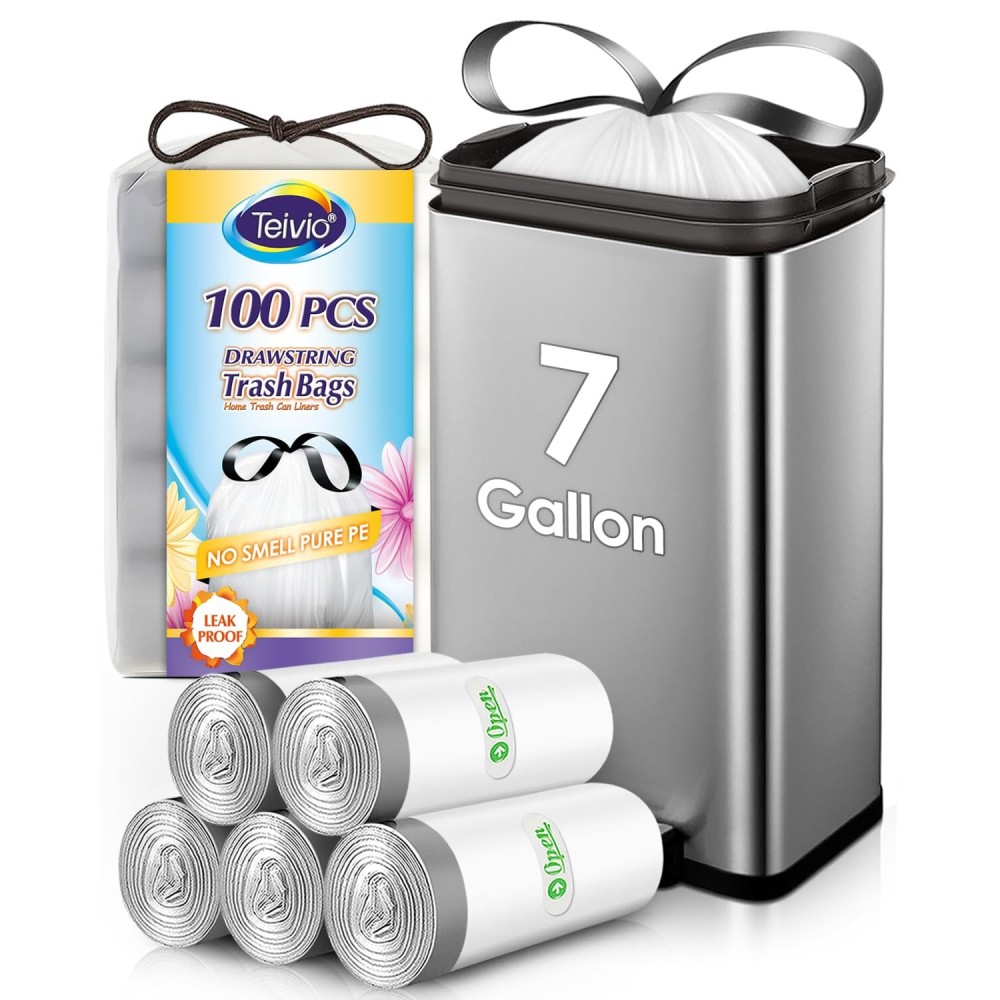 Teivio 7 Gallon 100 Counts Strong Drawstring Trash Bags Garbage Bags, Medium Kitchen Trash Can Bathroom Bin Liners, Plastic Trash Bags for Home Office Kitche, White