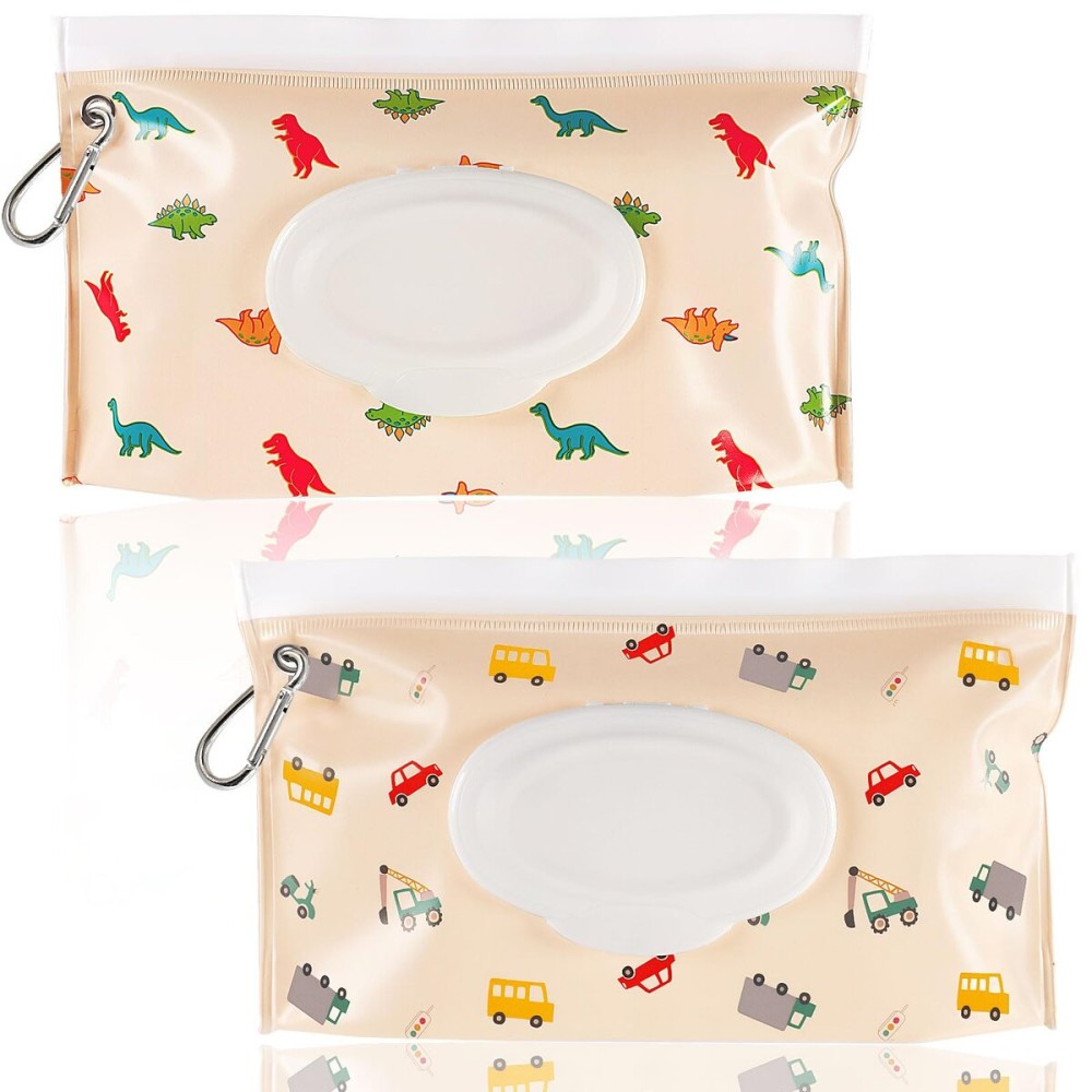 FEBSNOW 2 Pack Baby Wipes Dispenser, Portable Refillable Wipe Holder Baby Wipes Container Travel Wipes Case Reusable Wet Wipes Pouch (Dinosaur, Car)