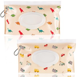 FEBSNOW 2 Pack Baby Wipes Dispenser, Portable Refillable Wipe Holder Baby Wipes Container Travel Wipes Case Reusable Wet Wipes Pouch (Dinosaur, Car)