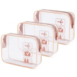 MODENGKONGJIAN TSA Approved Toiletry Bag, 3 Pcs Clear Toiletries Bags Quart Size Travel Makeup Cosmetic Bag for Women Men, Carry on Airport Airline Compliant Bag (Rose Gold)