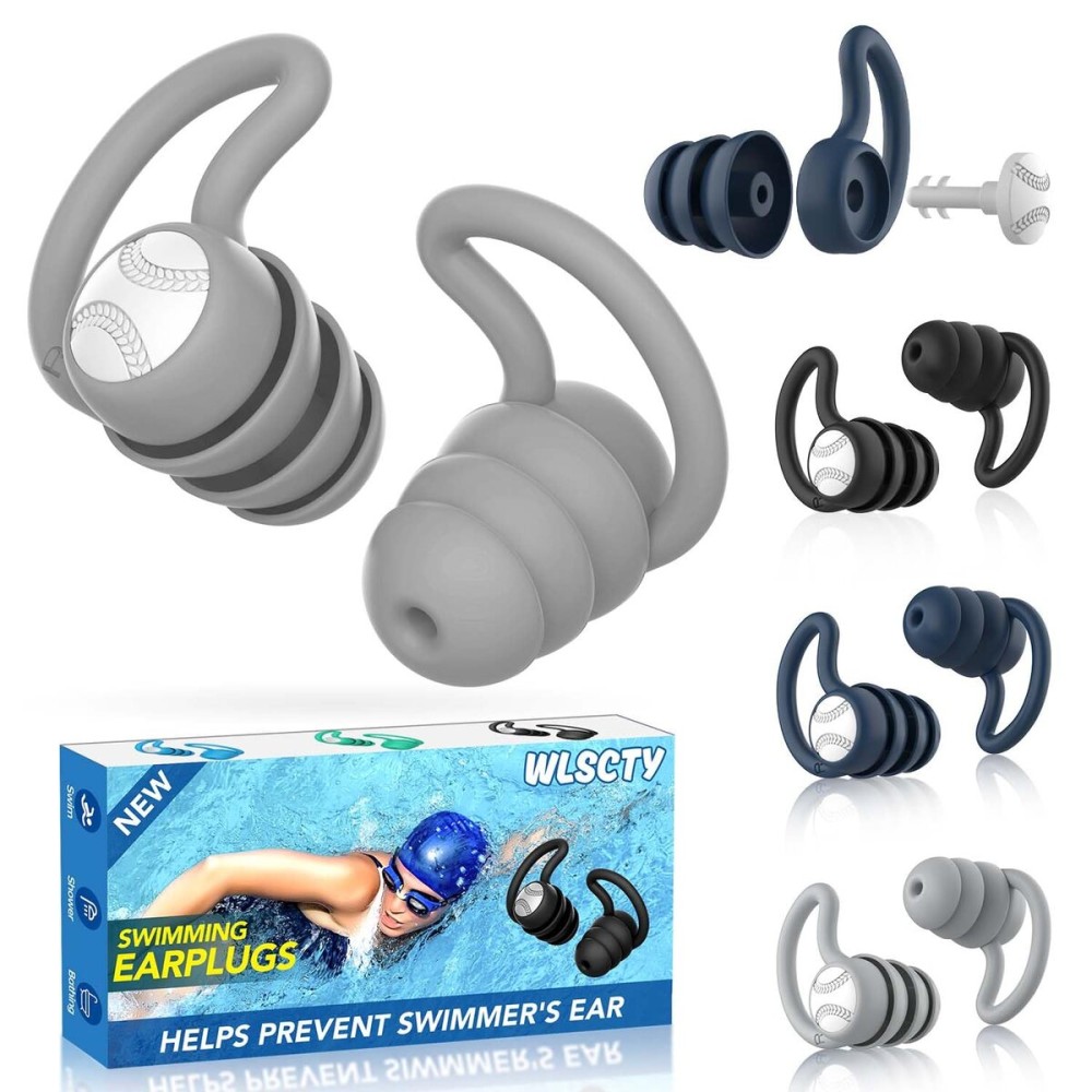Swimming Ear Plugs Waterproof Earplugs - 3 Pairs Silicone Swim Ear Plugs for Adult Kids, Water Sports Earplugs for Showering, Bathing, Surfing - Keep Ear Water Out (Naxy Blue,Grey,Black, One Size)