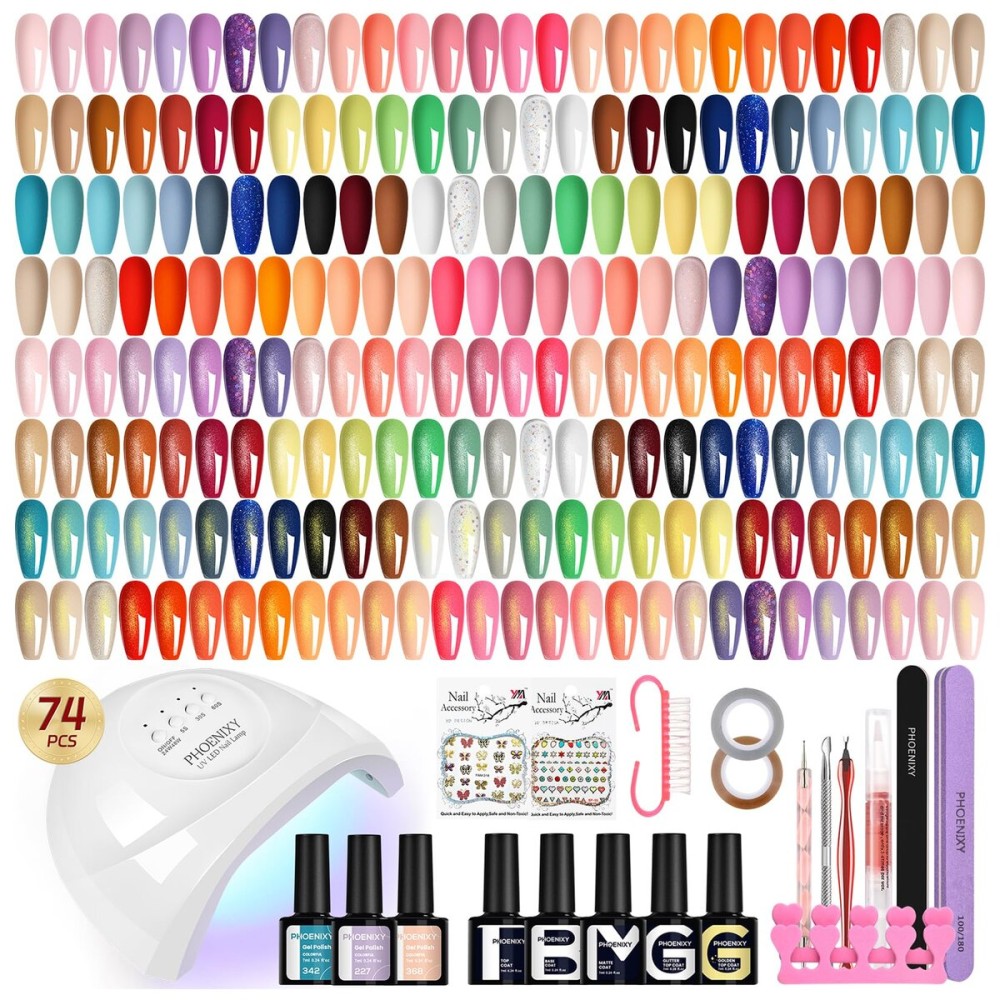 PHOENIXY Gel Nail Polish Kit with U V Light 74 Pcs Gel Nail Kit 55 Colors Nail Polish Set Complete Nail Set with Base Coat & 4 Effects Top Coat Manicure Tools Christmas Gift for Women
