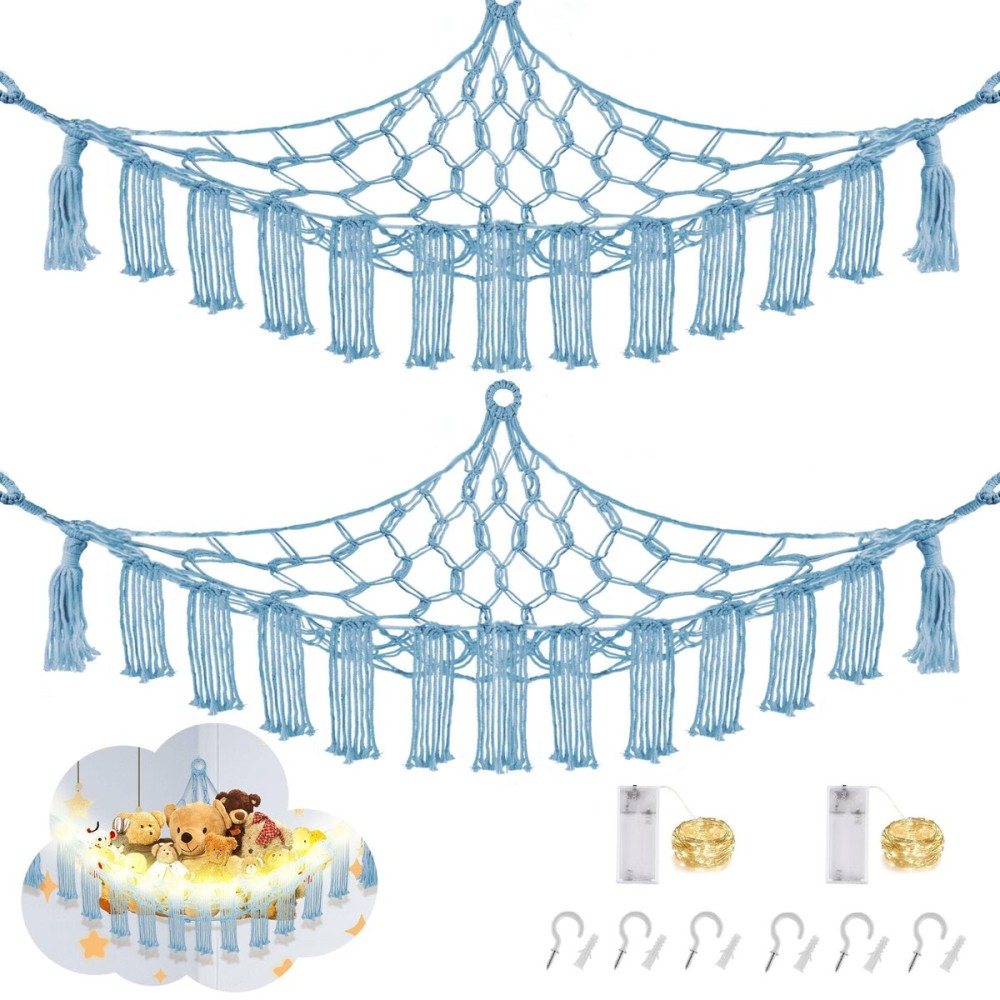 CERETIA Stuffed Animal Hammock with LED Light, Large Stuffed Animals Storage Corner Plushie Net for Kids Room Decor, 2 Packs Baby Blue