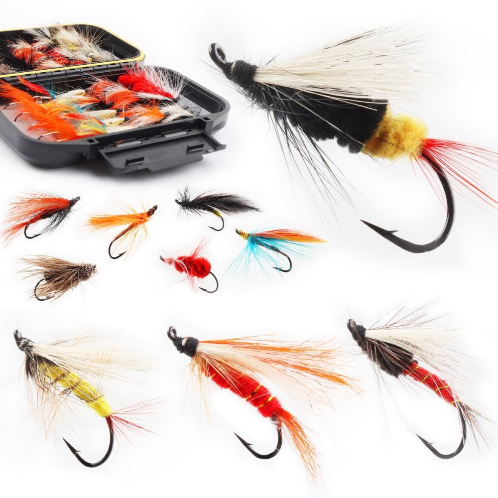 Fly Fishing Flies Assortment Kit Dry Wet Nyphms Tenkara Popper Streamer Woolly Bugger for Trout Bass Salmon Steelhead with Fly Box (60pcs-Salmon Steelhead Flies Kit with Waterproof Fly Box)
