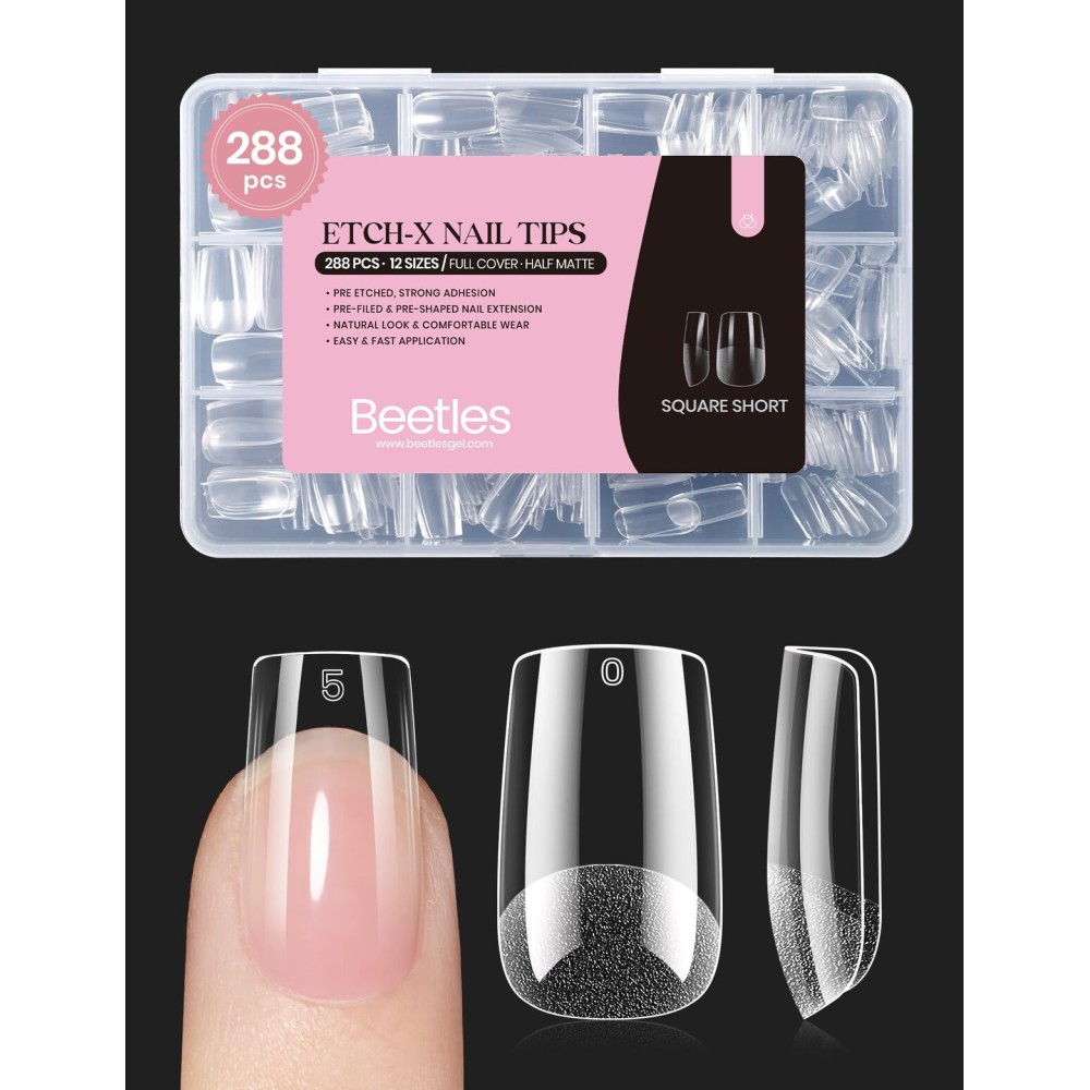 Beetles Gel Nail Tips Etch-X, Square Short, 288Pcs 12 Sizes, Pre-Etched Half Matte Full Cover Soft Acrylic Press on False Nail Tips Easy DIY Glue On Nail Extension Salon Gift for Women Girls