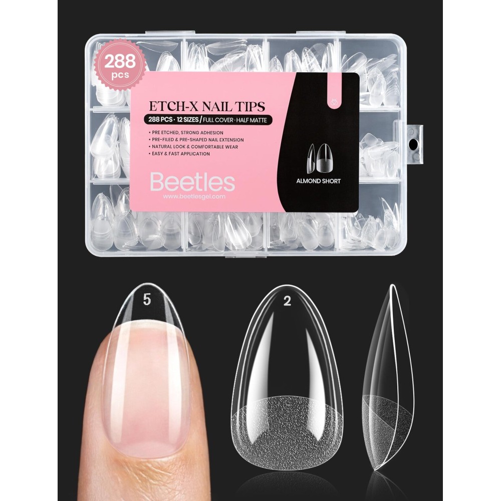 Beetles Soft Gel Nail Tips Short Almond 288pcs in 12 Sizes, Etch-X Pre-Etched Full Cover Acrylic Fake Nails Art, Salon Quality Nail Supplies, Easy DIY Nail Extension or Press On Nails, Gift for Women