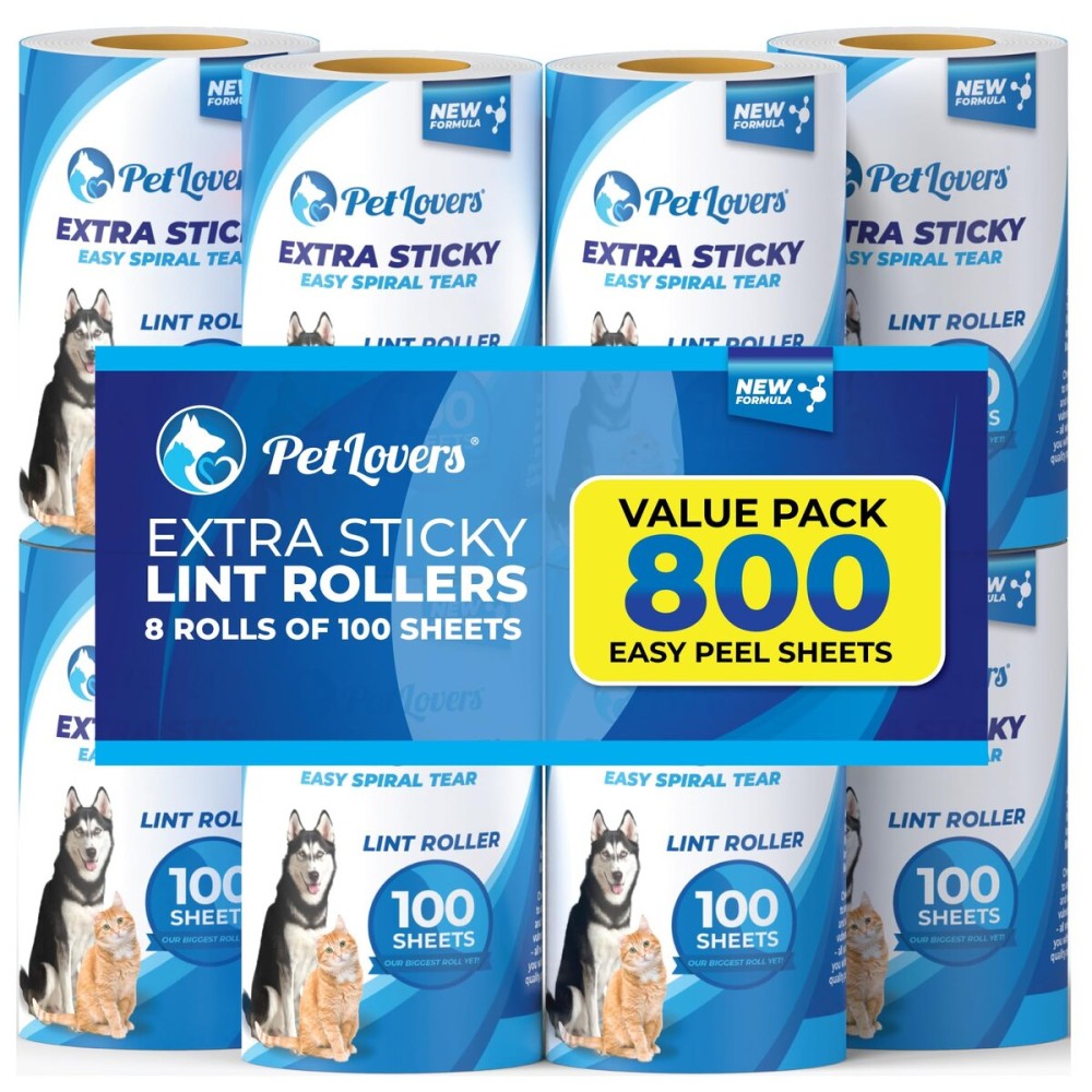 PetLovers Extra Sticky Lint Roller Mega Value Set for Pet Hair Removal, Dog and Cat Lint Remover (8 Pack Refills)