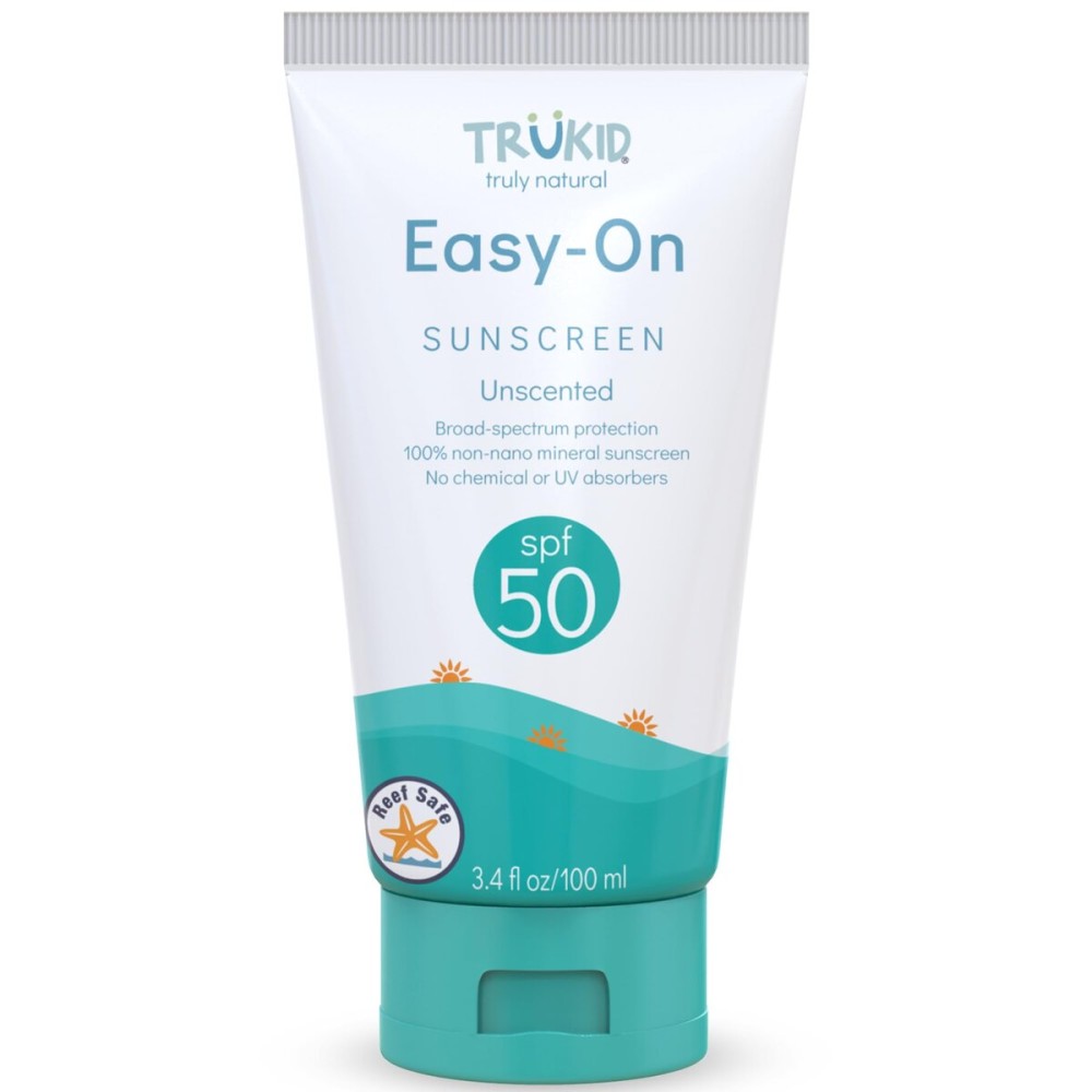 TruKid Easy On Mineral Sunscreen SPF 50 - All Natural Kids & Baby Sunscreen for Face & Body, Non-Toxic Zinc Oxide Sunblock Protection for Sensitive Skin, Unscented, FSA Eligible, Travel Size 3.4oz
