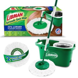 Libman Tornado Spin Mop System with 2 Refill Heads, Microfiber Spinning Mop and Bucket with Wringer Set for Home, Floor Cleaning of Hard-Wood, Laminate, Tile, All Surface Cleaner, 3 Total Mop Heads