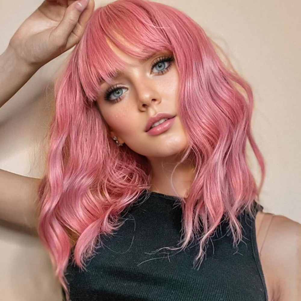 VCKOVCKO 14Inches Loose Wave Bob Wig Wavy Pink Bob Wig with Air Bang Curly Hair Wigs Synthetic Cosplay Party Wigs for Women (14Inches,Solid Pink)