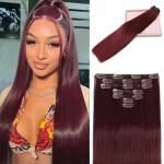LORIEN Clip in Hair Extensions Real Human Hair, 16 Inch 90g, 99J Burgundy, Clip in 100% Brazilian Remy Human Hair Extensions 8pcs Per Set with 18 Clips Double Weft