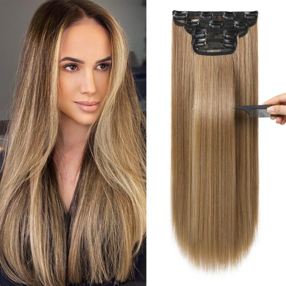 REECHO 20 Straight Long 4 PCS Set Thick Clip in on Hair Extensions Light Brown with Highlights