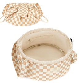 Narwey Barrel Drawstring Checkered Makeup Bag Large Cosmetic Bag Make up Bags Toiletry Bag Travel Bags for Toiletries Organizer for Women Gift for Teen Girls (Brown Checkerboard) (Patent)