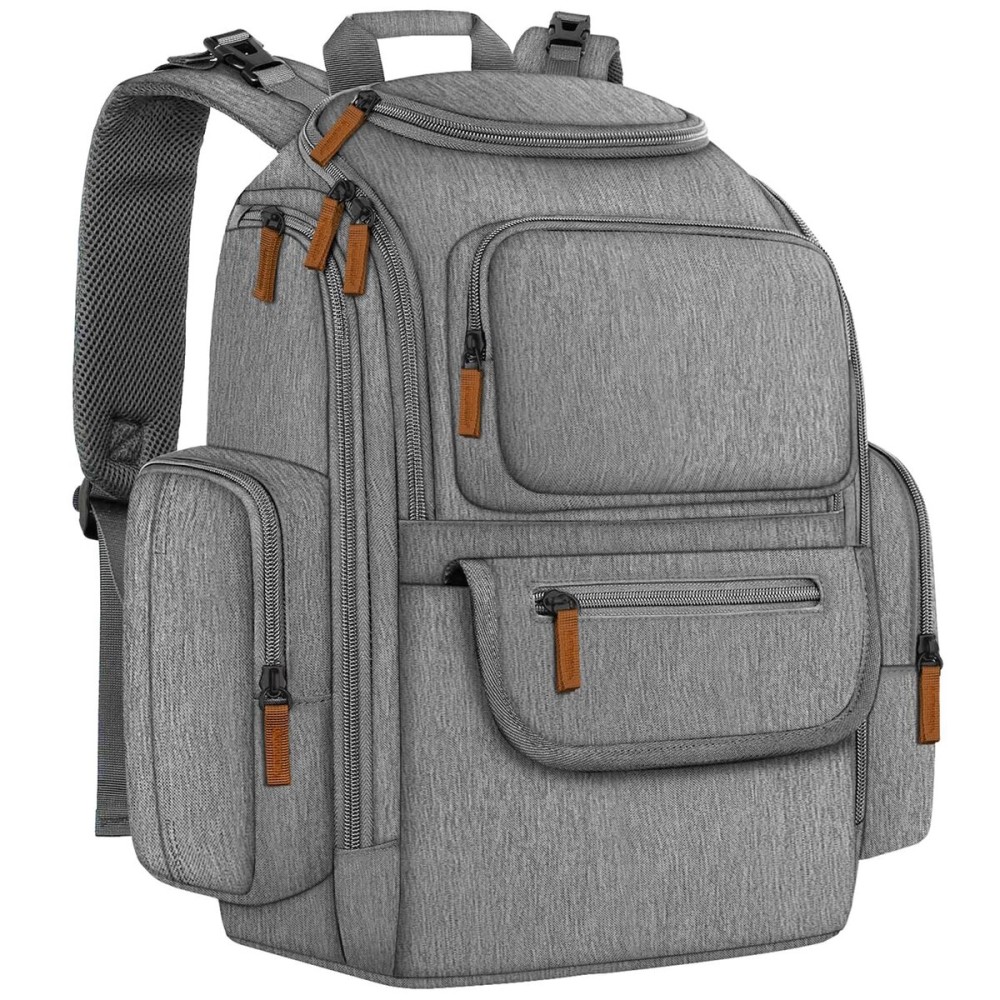 Mancro Diaper Bag Backpack, Multifunctional Baby Diaper Bag Backpack For Men Women with Stroller Straps, Travel Water Resistant Baby Diaper Backpack with 2 Side Insulated Pockets, White Grey