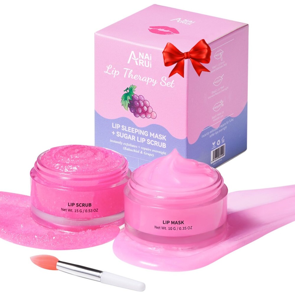 ANAI RUI Lip Therapy Set - Scrub & Mask, Overnight Hydrating Moisturizer With Exfoliator and Sleeping Mask for Plumping - Gift Kit for Dry, Chapped, Dark Lips, Grape