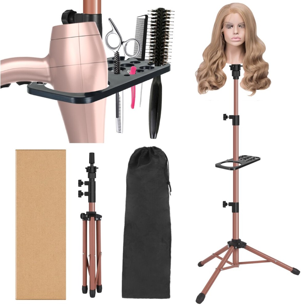 ZQIAN BEAUTY Wig Stand Tripod 50 Inch Metal Wig Mannequin Head Tripod Stand For Hairdressing Training Head Adjustable Wig Tripod Stand with Tool Tray (Latte, Mannequin Head Not Included)