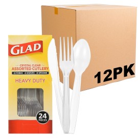 Glad Crystal Clear Assorted Plastic Cutlery Forks - Heavy Duty Disposable Silverware for Tabletop - Forks, Knives, Spoons, 24 Count - 12 Pack