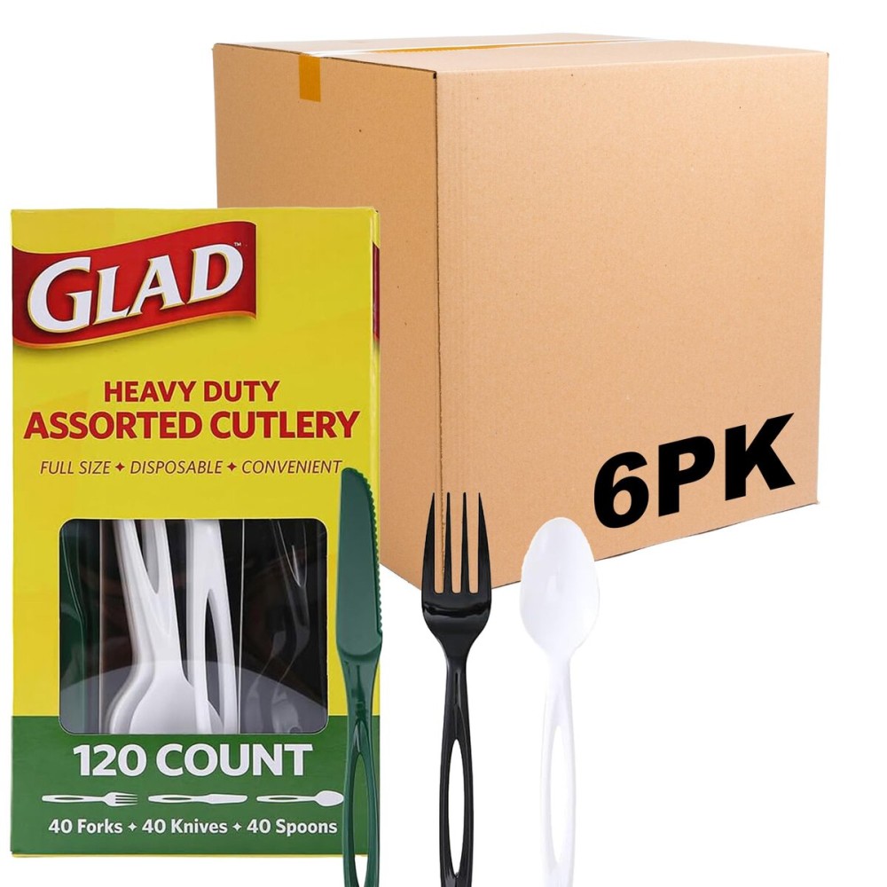 Glad Plastic Assorted Disposable Cutlery Set, Green, White and Black - Includes Forks, Knives, and Spoons - Set of Sturdy, Heavy Duty Party Utensils, 120 Count - 6 Pack