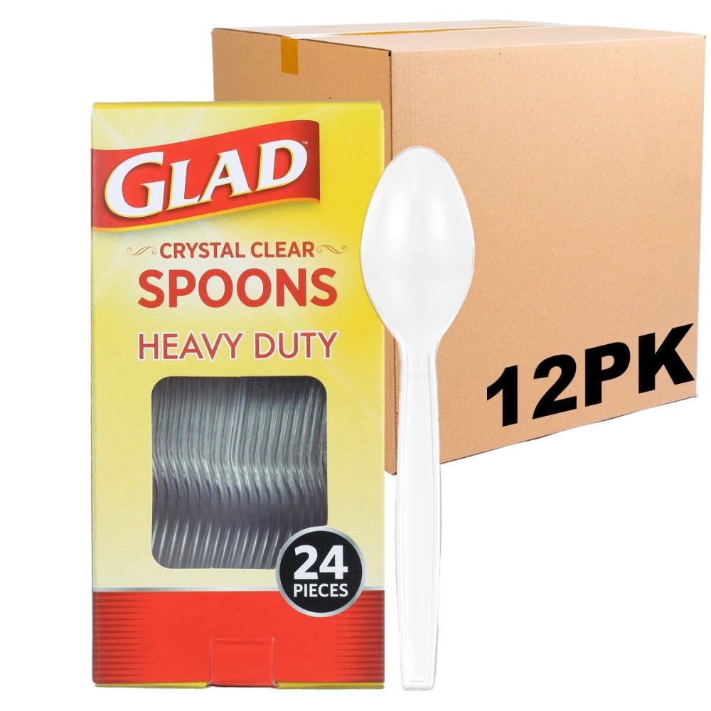 Glad Clear Plastic Spoons, Heavy Duty Disposable Cutlery Set, Standard Size, Clear Disposable Spoons - Perfect for Parties, Camping, and Everyday Use, 24 Count - 12 Pack
