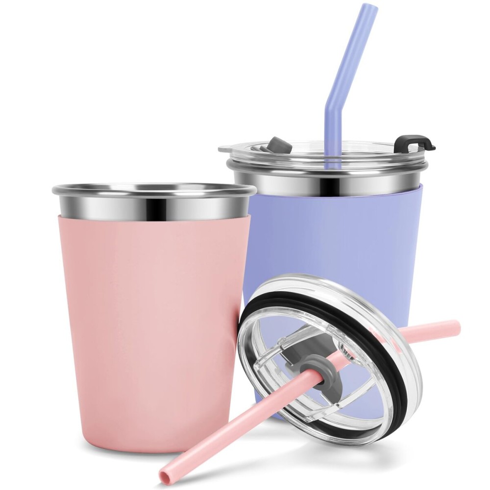 Vermida Kids Cups with Straws and Lids Leak Proof, 12oz Sippy Cups for Toddlers 1-3, 2 Pack Spill Proof Cup Stainless Steel Kids Cups with Lids for School, Outdoor (Pink & Cyan)