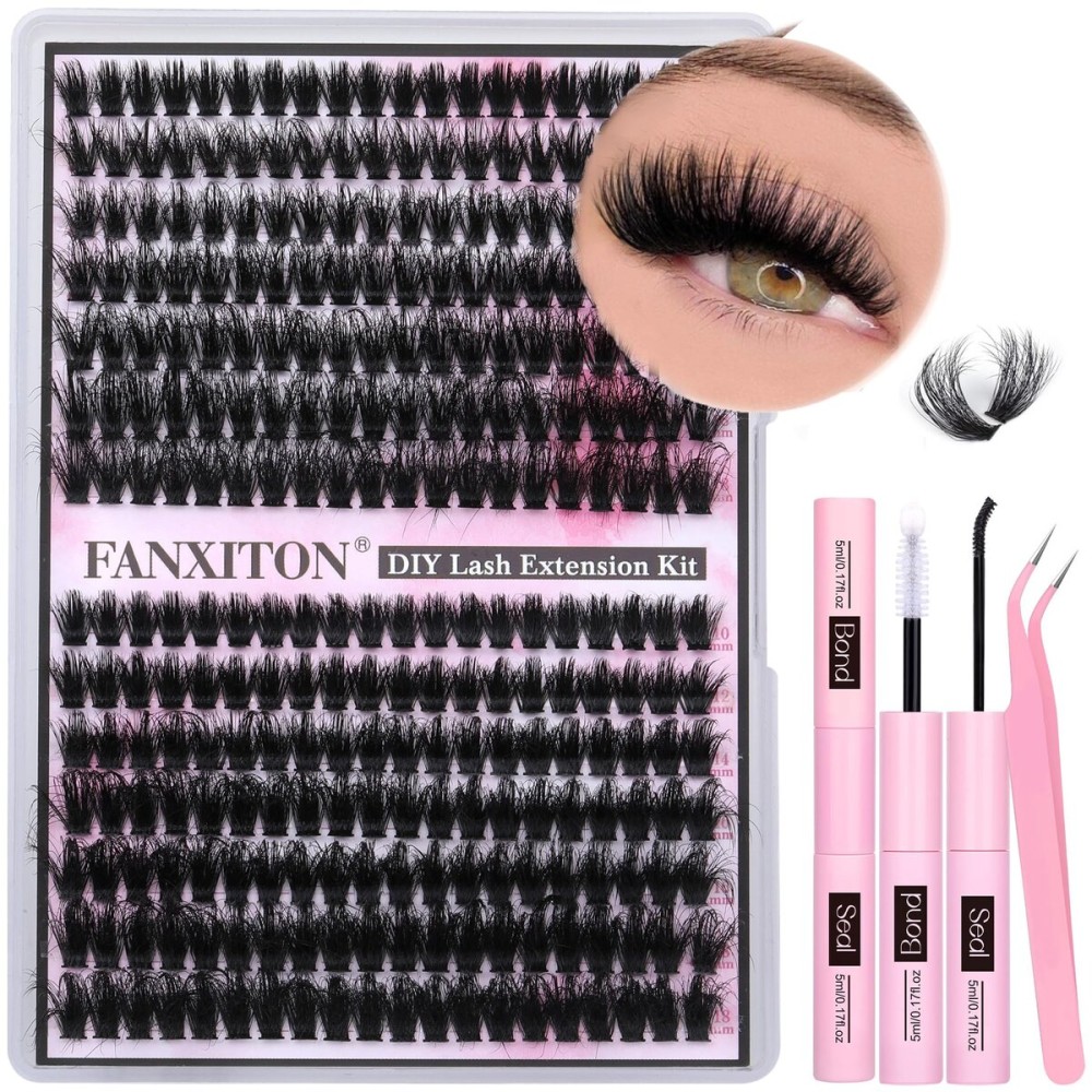 FANXITON Lash Clusters with Lash Bond and Seal Sweatproof, 10-18 mm D Volume Lash Extension Kit 280 pcs Individual Lashes Lash Clusters Kit and Tweezers Thick DIY Eyelash Extension Kit