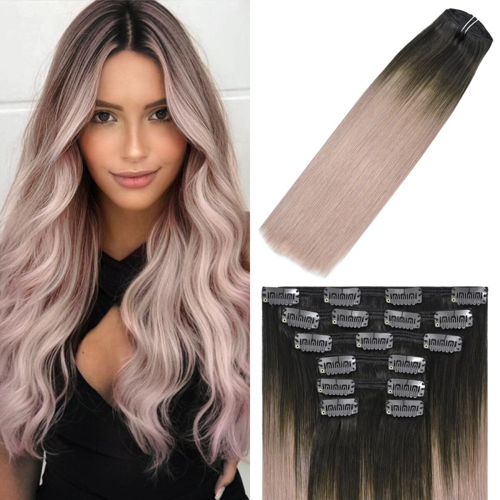 WindTouch Clip in Hair Extensions Real Human Hair Pink Clip in Hair Extensions 100g 7pcs Dark Brown to Pink Ombre 12 inch Real Human Hair