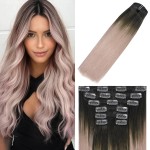 WindTouch Clip in Hair Extensions Real Human Hair Pink Clip in Hair Extensions 100g 7pcs Dark Brown to Pink Ombre 12 inch Real Human Hair
